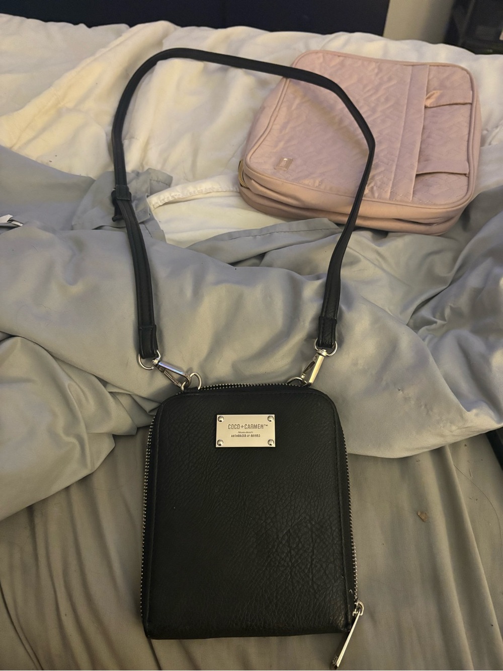 Coco + Carmen Black Leather Crossbody with Silver Plaque